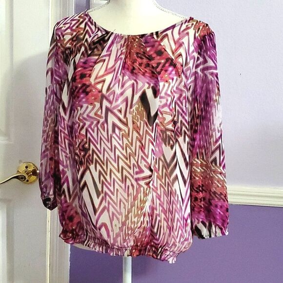 Lavender & Cream Abstract Geometric Boho Print Sheer Boat Neck Blouse - Picture 1 of 10